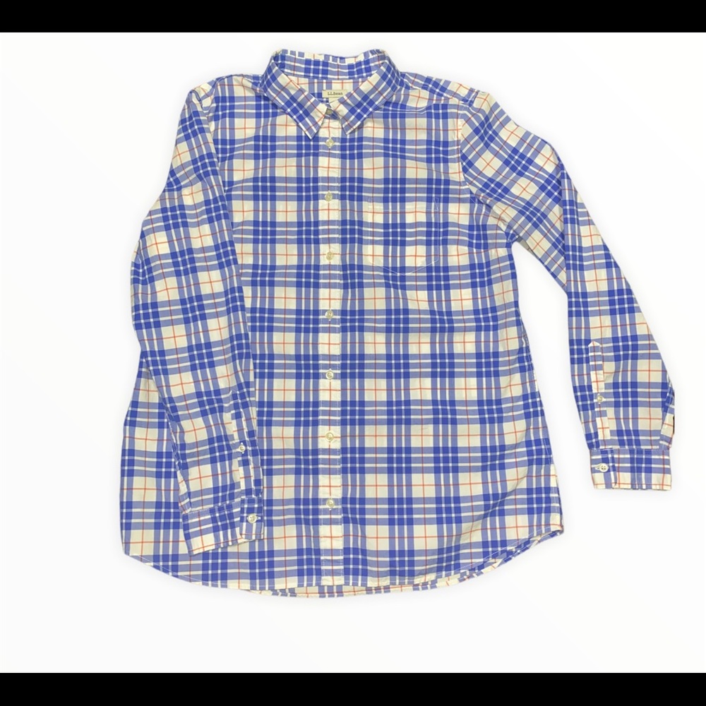 L.L. Bean LG Orange and Blue Plaid Button Down
